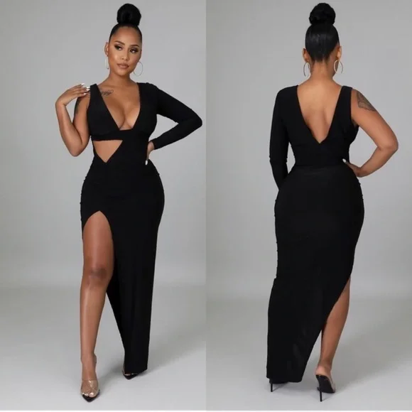 NEW TRENDY BLACK ONE SHOULDER FITTED MAXI DRESS - Picture 9 of 9